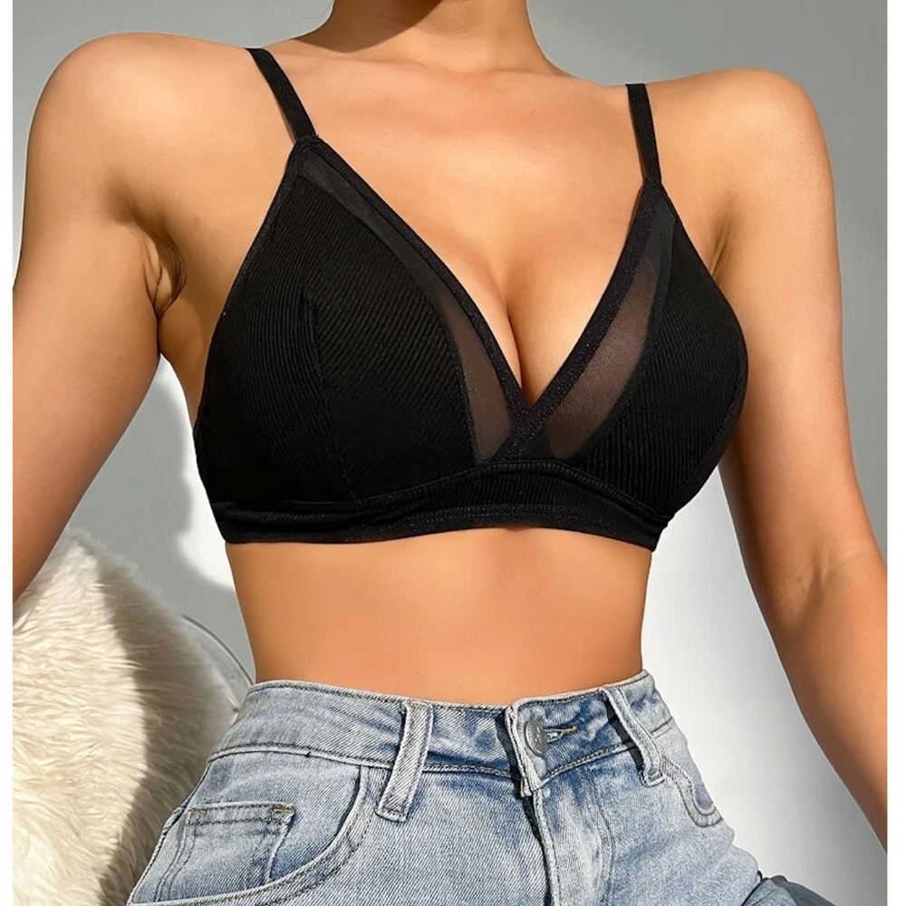 Black Mesh Insert Rib Knit Soft Bralette Triangle Shape - Picture 2 of 7